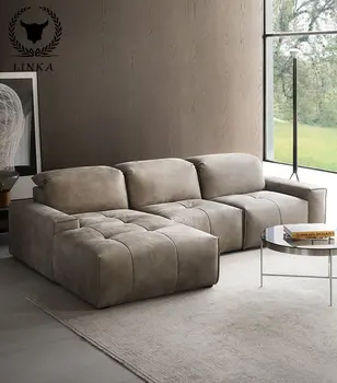 Модерен италиански прост кожен диван в стил ретро с регулируема облегалка за хола, мебели на известни личности