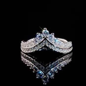 Модерен пръстен във формата на корона и сърце от сребро 925 проба за жени с кубическим цирконием, диамантен пръстен, двухрядным V-образно деколте, с луксозни бижута