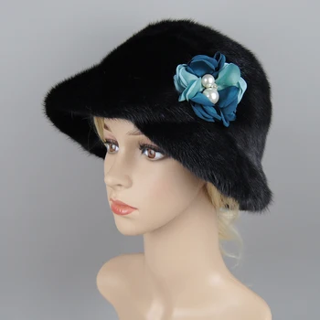 Модерна дамска шапка от кожа на норка, шапка от масивна естествена кожа, аксесоари за горната част, топъл кожени шапки за руска зима за една дама