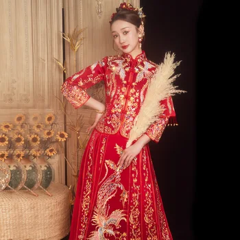 Модерна сватбена рокля Ципао с бродерия на феникса, ципао в традиционен китайски стил, облекло за източните тостове