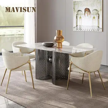 Модерни кухненски мебели от масивно дърво с дебелина 12 мм, две полукръгли плот от неръждаема стомана, правоъгълна рамка за масата за хранене, комплект