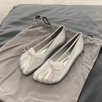 Модерни обувки с пет пръста, фини обувки от естествена кожа с лък, дамски обувки на равна подметка, без закопчалка, дамски обувки Мързел