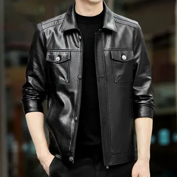 Модно мъжко корейското коварен мотоциклетное палто, утепленная плюшен къс кожено яке от агнешка кожа с множество джобове, приталенная мъжки връхни дрехи
