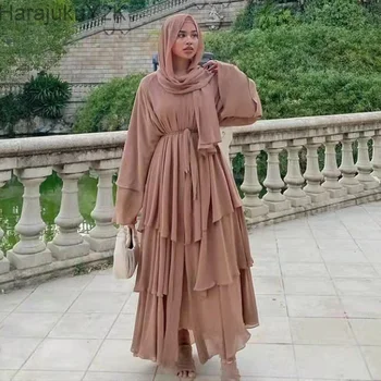 Модно мюсюлманската рокля с отстрочкой, женски трислойно шифоновое елегантна рокля Абайя Рамадан, жилетка, хиджаб, мароканско рокля, халат за баня