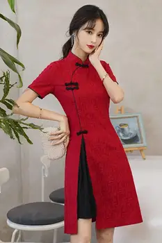 Моля, етнически стил, млада дама Чонсам, лятно ново дамско елегантно червено китайското рокля Ципао, източен традиционен костюм