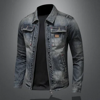 Мотоциклетът деним яке за мъже от 100% памук, пролет 2023, нова индивидуалност, винтажное джинсовое палто с ревера с цип за мъже, азиатски размер M-5XL
