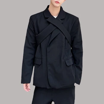 Мъжки блейзър, обикновена ежедневни костюми с дълъг ръкав и кръстосано деколте, градинска облекло 2023, корейски модни тънки палта