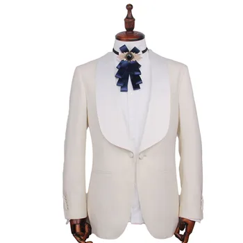 Мъжки костюм, изработена по поръчка, смокинг от вълна с цвят на слонова кост, мъжки костюми, с тънък дизайн, направен по поръчка, мъжки костюми за младоженец, приталенные костюми за младоженец модел