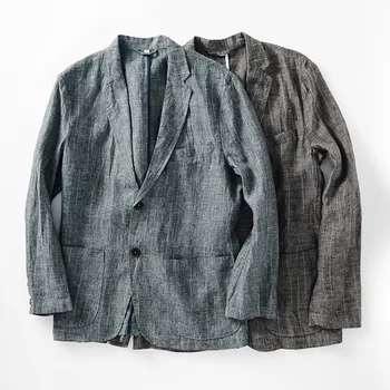 Мъжки ленено сако сако класически cut шарени текстурированное спортно палто обикновена кацане на две копчета Леко спортно палто, Сако Hombre