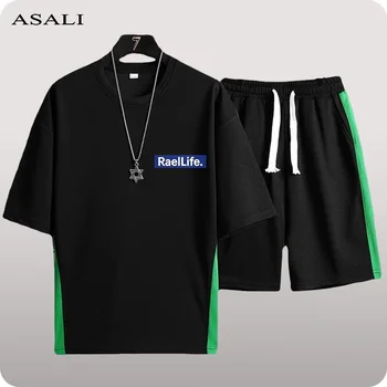 Мъжки летен спортен комплект, ежедневни модерно мъжко облекло, тениски с кръгло деколте и къс спортен костюм, комплект за джогинг, градинска облекло, блузи с къс ръкав
