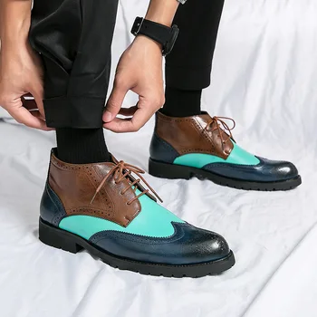Мъжки официални обувки-Oxfords различни цветове, в Ретро стил, Комфортни мъжки Ботильоны в светския стил на дантела, Кожа Елегантен мъжки модел обувки с висок берцем