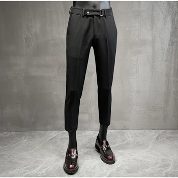 Мъжки пролет-лято дебнещ бизнес панталони за официални събития, мъжки дизайнерски панталон с колан за банкет, мъжки ежедневни панталони