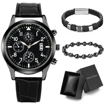 Мъжки творчески подаръчен комплект, светещите стрелки, кварцов часовник с функция за дата, модерен бижутериен гривна, подарък за рожден ден
