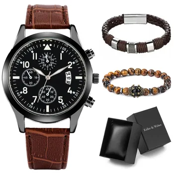 Мъжки творчески подаръчен комплект, светещите стрелки, кварцов часовник с функция за дата, модерен бижутериен гривна, подарък за рожден ден