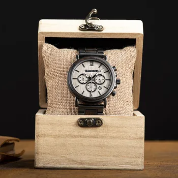 Мъжки часовник BOBO BIRD Модерни военни часовници от дърво и неръждаема стомана за мъже, дисплей с календар, светещите стрелки, директна доставка