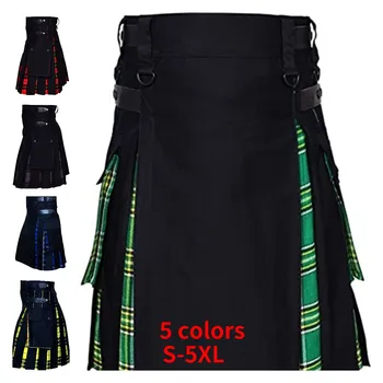 Мъжки шотландски хибридни черни kilts от памук и тартан голям размер с кожени джапанки, универсални kilts за мъже