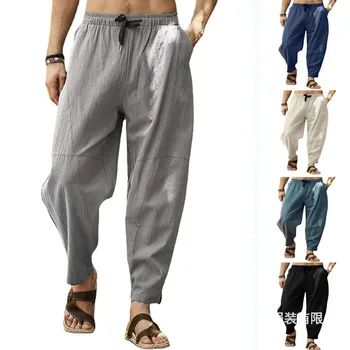 Мъжките ежедневни панталони, европейски и американски мъжки свободни памучни ленени гамаши с завязками в стил хип-хоп с фенерчета