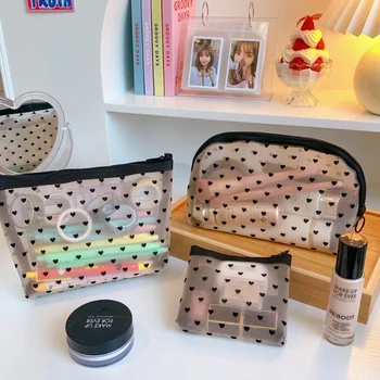 Набор от косметичек Love от прозрачна мрежа с сладък цип, преносим чанта за съхранение на тоалетни принадлежности, канцелярская чанта за жени