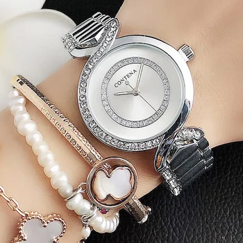 Нов дамски ръчен часовник нова мода часовници Дамски часовници с кристалалми и диаманти от неръждаема стомана, Сребърни часовници Montre Femme2023