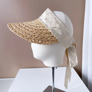 Нова лятна сламена шапка от лико, дамски шапка с празни горни козирка, солнцезащитная шапка, модни плажна шапка с лък, луксозна шапка с тиксо на едро