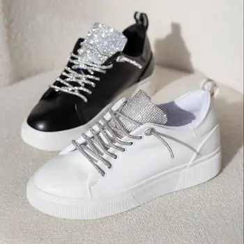Нова тенденция 2023, есенен дамски обувки, бели маратонки с кристали, дамски стилни обувки на плоска подметка ръчно изработени от дантела, дамски модни модела обувки
