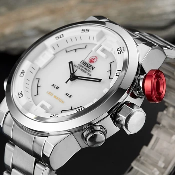 Нови маркови цифрови кварцови мъжки бизнес ръчен часовник OHSEN, бяла стоманена каишка, модерно led рокля в стил милитари, ежедневни часовници, подарък