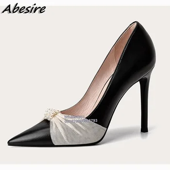Обувки-лодка с остри пръсти и лък Сватбени обувки дамски с перлата на интериор обикновена бежови черни обувки на дребни висок ток дамски обувки на висок ток