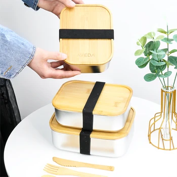Обяд-Кутия от Неръждаема Стомана с Дървена Капак на Преносим Bento Box Къмпинг Кухня, Посуда и прибори За Пикник На Открито Контейнер За Съхранение на храна
