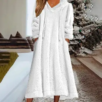 Однотонное рокля, уютно фланелевое рокля с качулка, стилно дамско есенно-зимно модно меко топло ежедневното рокля, рокля фланелевое