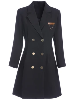 Офис дамско черно палто, пролетно-есенна яке с отложным яка, дамско палто с дълъг ръкав, елегантен тренч в английски стил, расшитый пайети