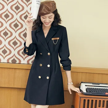 Офис дамско черно палто, пролетно-есенна яке с отложным яка, дамско палто с дълъг ръкав, елегантен тренч в английски стил, расшитый пайети