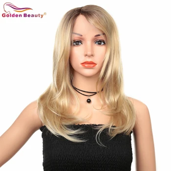 Перуки, направени от синтетични косми Golden Beauty, 20-инчов обемна вълна, завързана перука Tpart, естествена блондинка, высокотемпературное влакна за черни жени