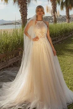 Плажни сватбени рокли трапецовидна форма с аппликацией от тюл, дантела, Бохо, Дубай, арабско булчинската рокля, сватбената рокля Vestido De Noiva
