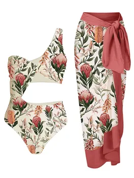 Плажно облекло с флорални принтом на едно рамо за момичета 2023, модерен дамски бански, лято едно парче бански, секси / Нов