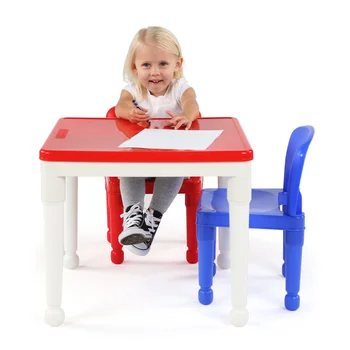 Пластмасова маса за занимания с деца 2 в 1 и комплект от 2 стола, бял, червен и син