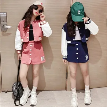 Поли за момичета Костюми Пролетно облекло за почивка в корейски стил Jk Комплекти детски дрехи Бейзболна форма за момичета Яке + къса пола 2 бр. съоръжения