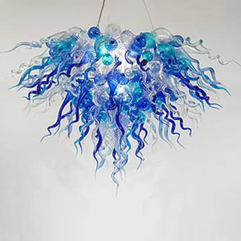 Полилеи от бластване стъкло синьо, художествено осветление от стъкло, окачена лампа с висок таван