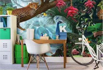 Потребителски снимки на 3d тапети нетъкан стенописи Клони леопарди пауни живопис 3d стенописи тапети за стени d 3