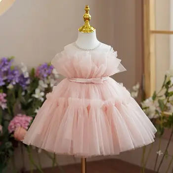 Принцеса рокля с Волани за момичета, Детски Сватбена Рокля за Абитуриентски бал, Детско парти Рокля на Шаферка от Тюл за рожден Ден от 1 година, Розови Рокли