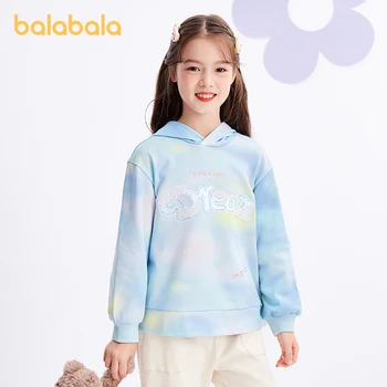 Пуловер за момичета Balabala за деца 2023, пролетта топ с качулка и дълъг ръкав, спокоен мръсен пуловер