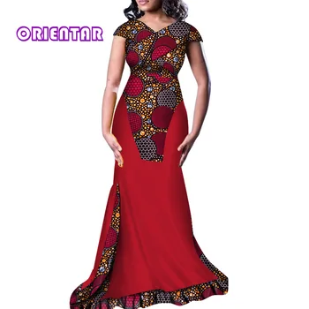Размер XL В наличност Африкански Рокли за жени, Дълго Макси рокля с V-образно деколте, Памучен Дрехи с Африканските принтом, Вечерна рокля WY3442-XH