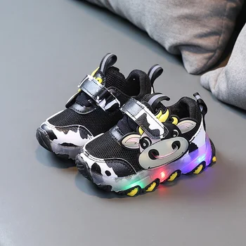 Размери 21-30, детски обувки с led подсветка за момче, светещи маратонки с шарени крави, черни маратонки за момиченца, дишащи обувки за деца