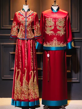 Ретро китайски традиционен сватбен костюм за двойки с бродерия дракон, Феникс, елегантна рокля Ципао за булката китайски дрехи