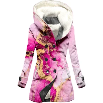 Розов цвят, мек вълнен плат палто с качулка и 3D принтом от плаващи пясъци, женски гъст топло палто дамско зимно топло палто