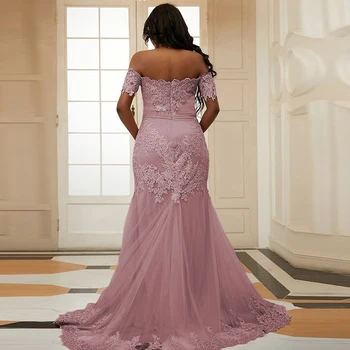 Розови вечерни рокли във формата на сърце 2022, дълга вечерна рокля с цепка отстрани и отворени рамене, елегантна рокля за бала от тюл с кружевными апликации