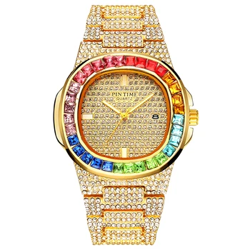 Ръчен часовник PINTIME, мъжки часовник със златист циферблат, кварцов часовник, мъжки часовници с диаманти в стил хип-хоп, цветни златни часовници с кристали
