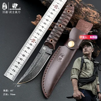 Самурайски нож с фиксирано острие, ловен нож за оцеляване, острието висока твърдост 5CR15MOV, дървени дръжки, военни ножове