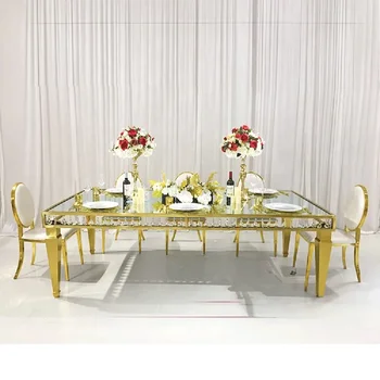 Сватбена мебели метална маса правоъгълна злато от неръждаема стомана и стъклени маси, определени