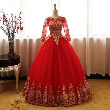 Сватбена рокля Елегантна бална рокля с дълъг ръкав Луксозна лейси бродерия реколта сватбени рокли Vestido De Noiva размер