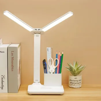 Светодиодна настолна лампа с регулируема яркост USB, тъчпад сгъваема настолна лампа с календар, температурни с часове, нощна светлина, за да се учат, лампа за четене